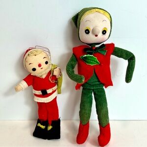 Vintage Bendy Elf Knee Huggers Christmas Posable Doll Ornaments Set of 2